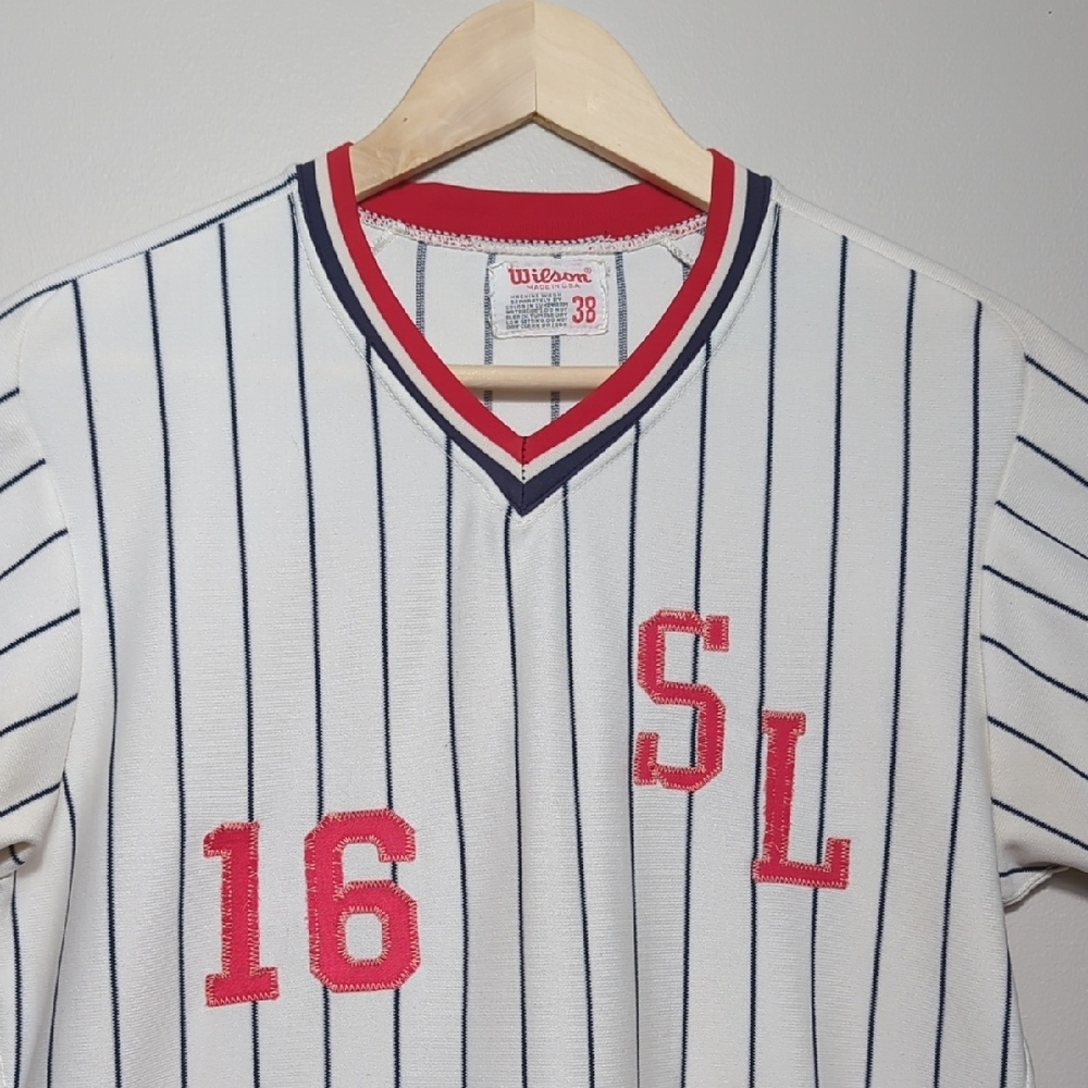 Vtg 70s 80s Wilson Baseball Uniform Jersey Pinstripe White Blue Red 16 USA SMALL - Picture 4 of 15